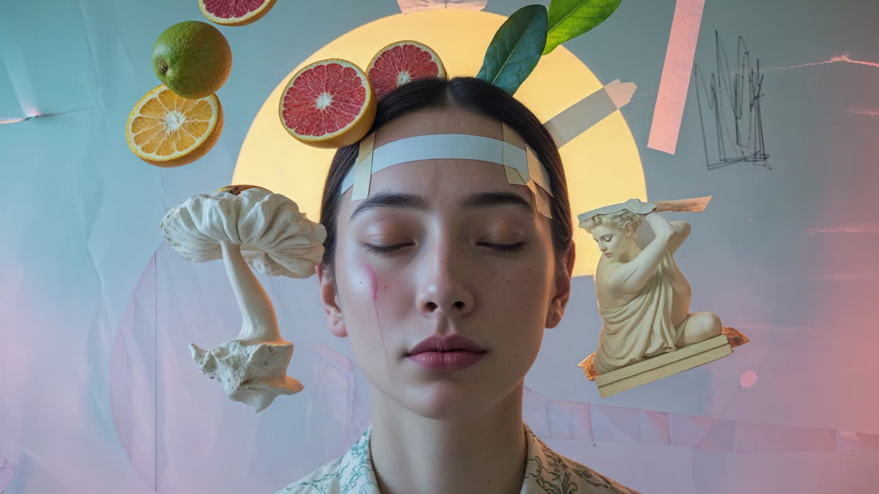 Surreal Contemplation with Fruit and Sculptural Elements