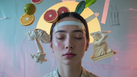 surreal contemplation with fruit and sculptural elements