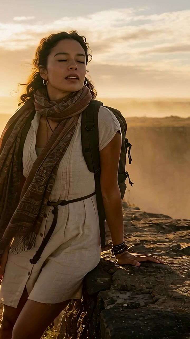 Vertical video: Sunset drawing woman in dress walking touching parapet at cliff, sitting