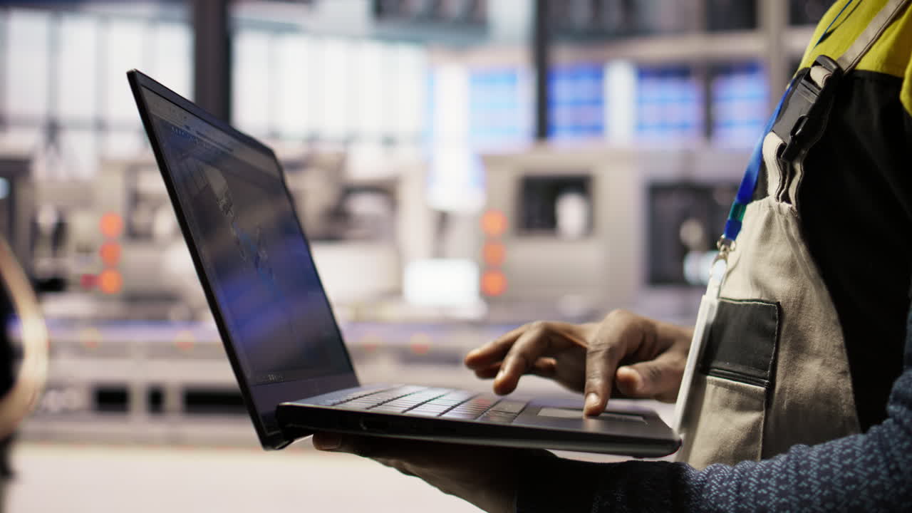 Vertical video Industrial plant engineer implementing renewable energy solutions, close up