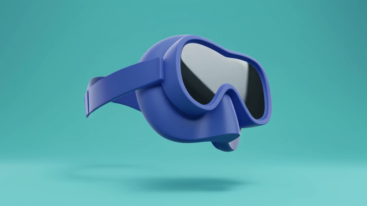Animowana 3D niebieska maska do nurkowania obracająca się na turkusowym tle