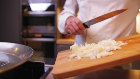 the cook puts pieces of onion into the pan