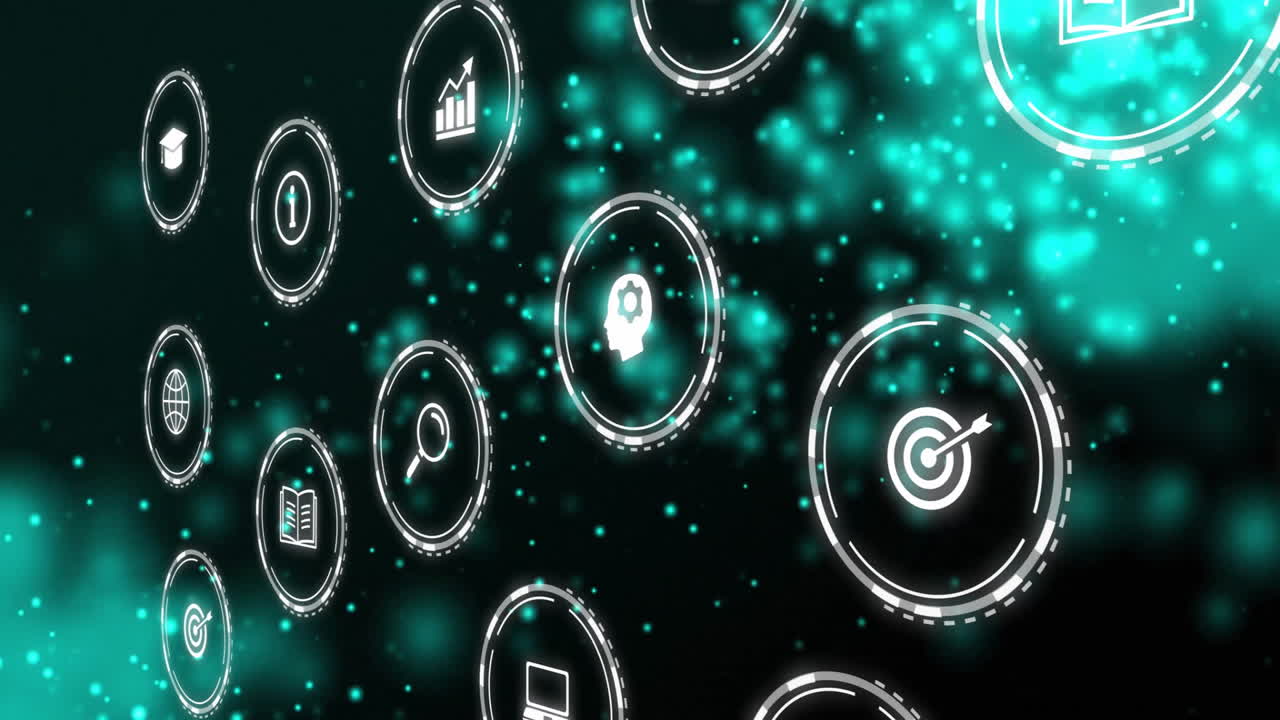 Animation showing digital icons floating over glowing green particles in background