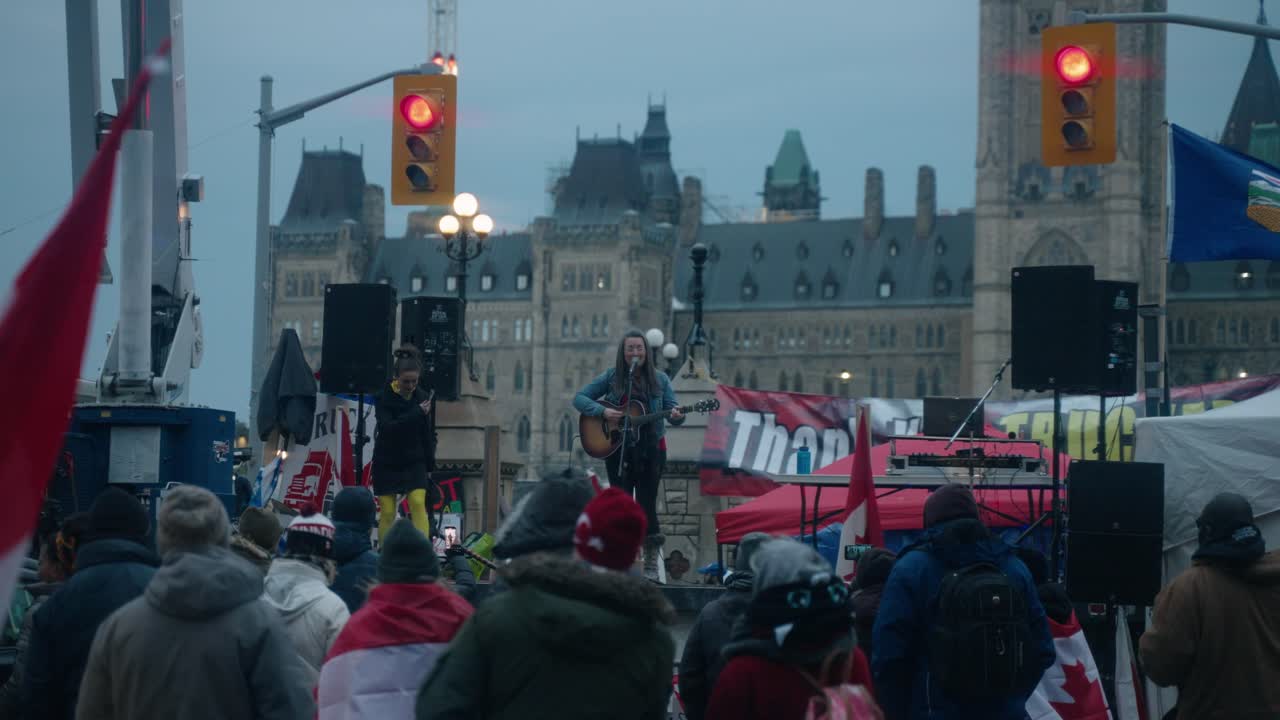 Live Concert During Freedom Convoy 2022 Near Parliament Hill In Ottawa, Ontario Canada. Static Shot