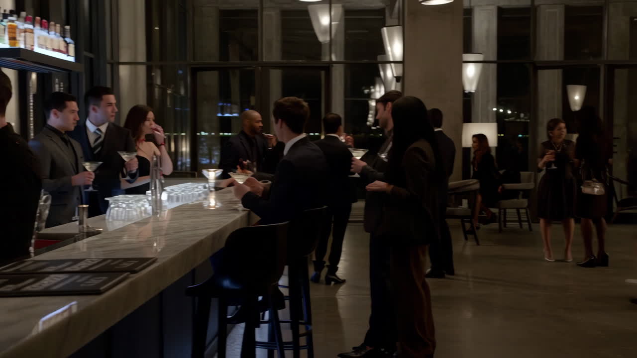 People mingling at an upscale bar during a night event