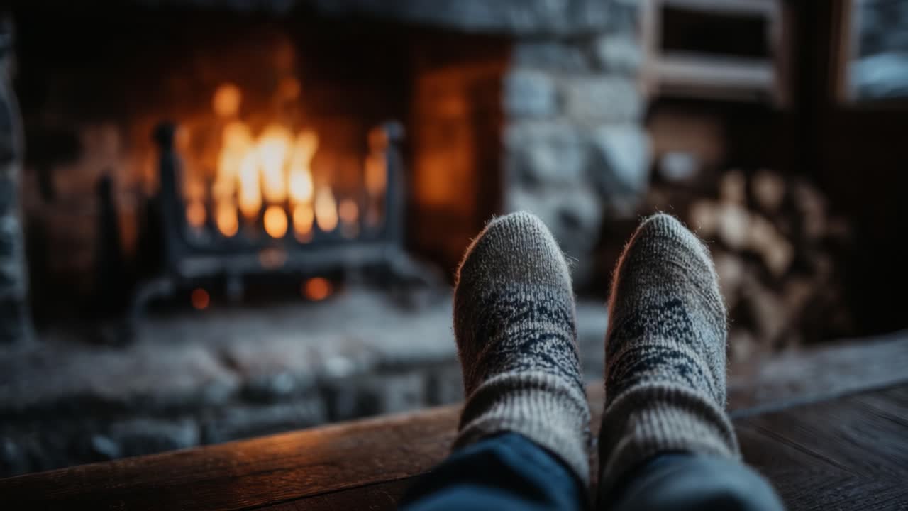 Cozy Winter Evenings: Relaxing by the Warm Fire with Comfy Socks and a Welcoming Ambiance
