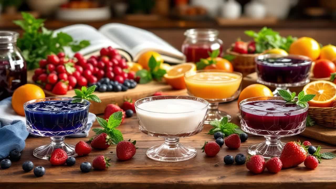 Various colorful desserts in elegant glass bowls are garnished with mint and displayed with fresh fruits on a wooden table with a cookbook in the background