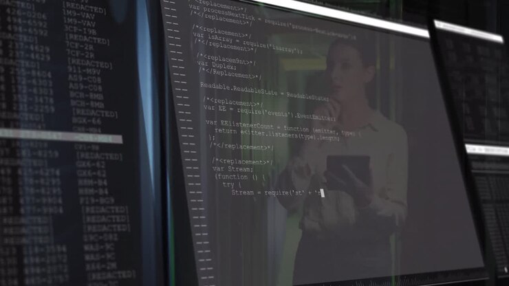 Animation af databehandling over kaukasisk kvindelig it-ingeniør ved computerservere