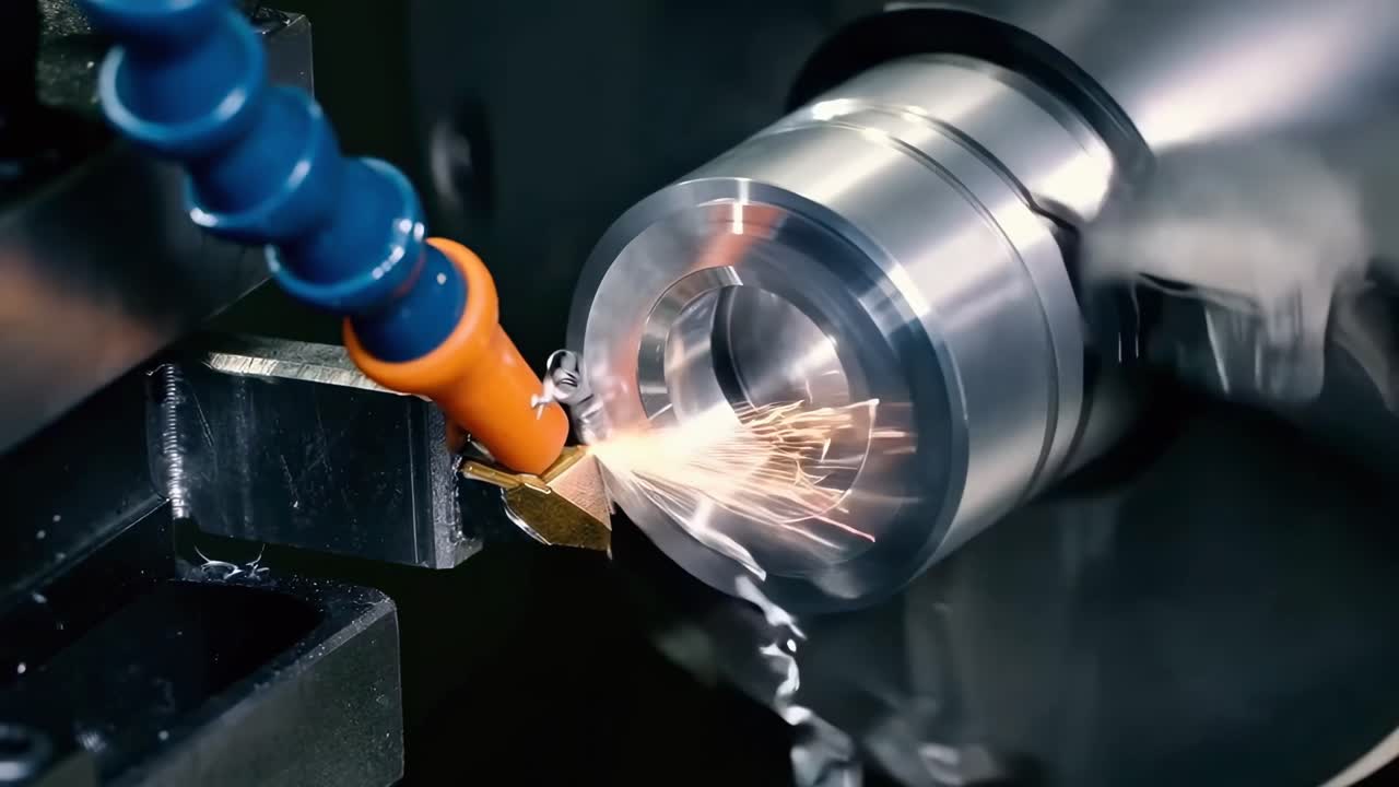 Close-up video of a CNC machine in action, showcasing precision engineering from a side angle