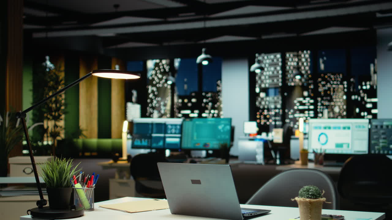 Vertical Video Modern business workspace glows with forecasting metrics and graphs