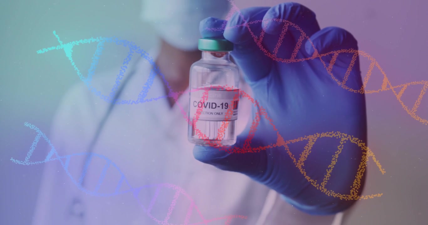 Woman doctor raising gloved hand showing COVID-19 vial for testing while DNA helix overlaying vial
