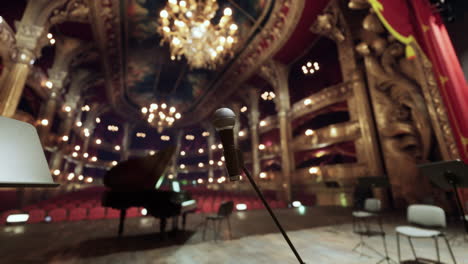 empty concert hall stage with microphone and piano