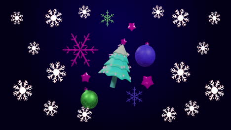 animación de decoraciones navideñas con copos de nieve en fondo púrpura