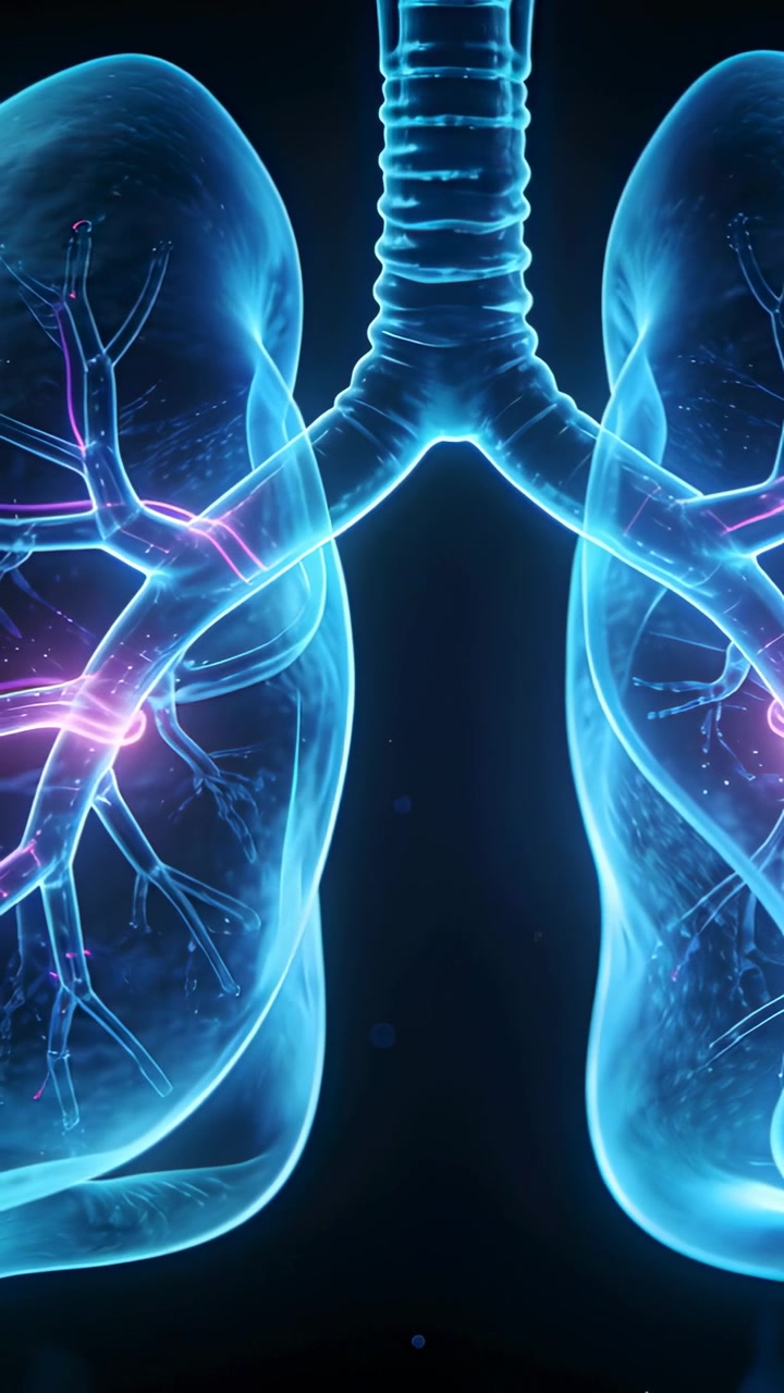 Vertical video: Pulsing pink spot firing blue lungs lighting airway left branch showing flow in lab