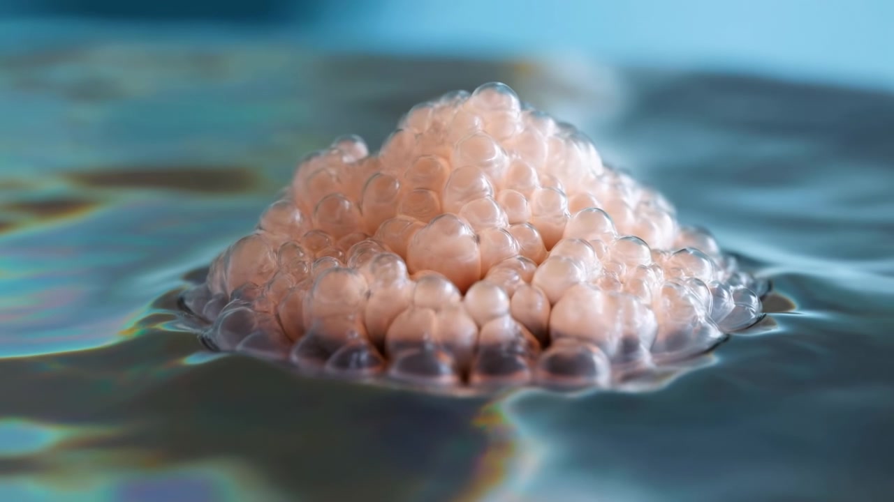 Rounded translucent bubbles form a soft peach mound at center while the surrounding liquid shows subtle wave motion, shimmering reflections, and a shallow blue-toned background.