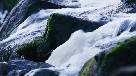 Water-flowing-in-rapids,-flowing-around-a-pointy-rock,-close-up
