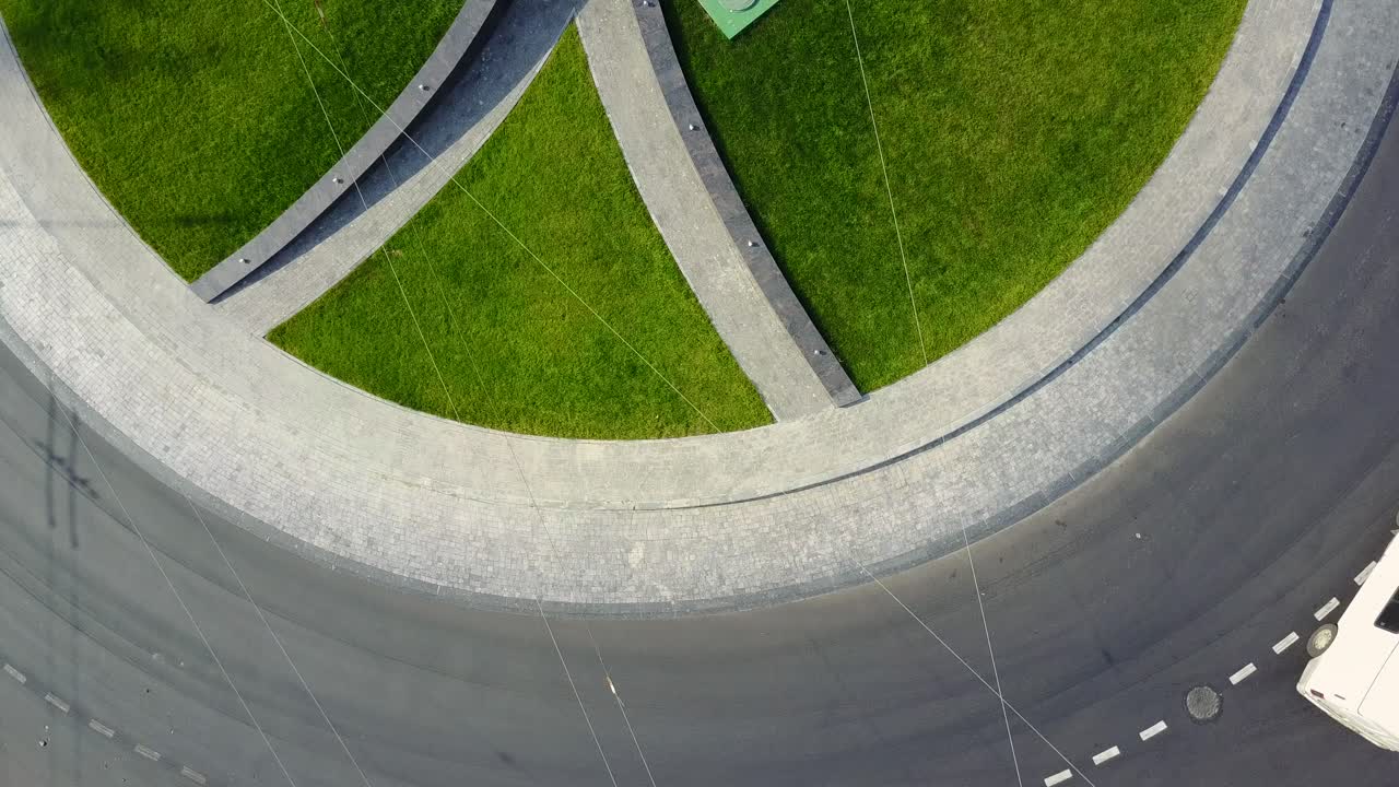 Circular Movement At The Traffic Intersection. VINNITSA, UKRAINE - JULY 2017: Aerial view of roundabout in the city in the summer in Ukraine