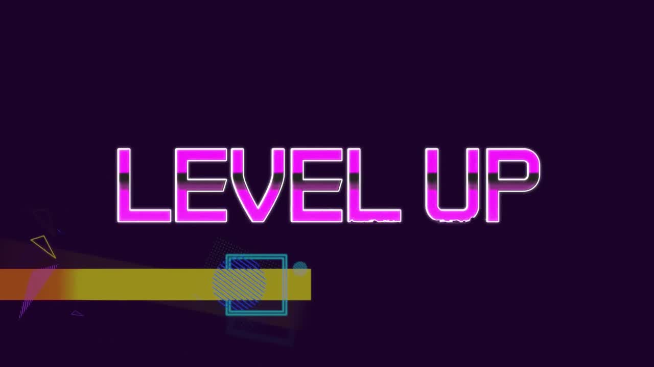 Animation of level up text over colorful moving graphics on dark background