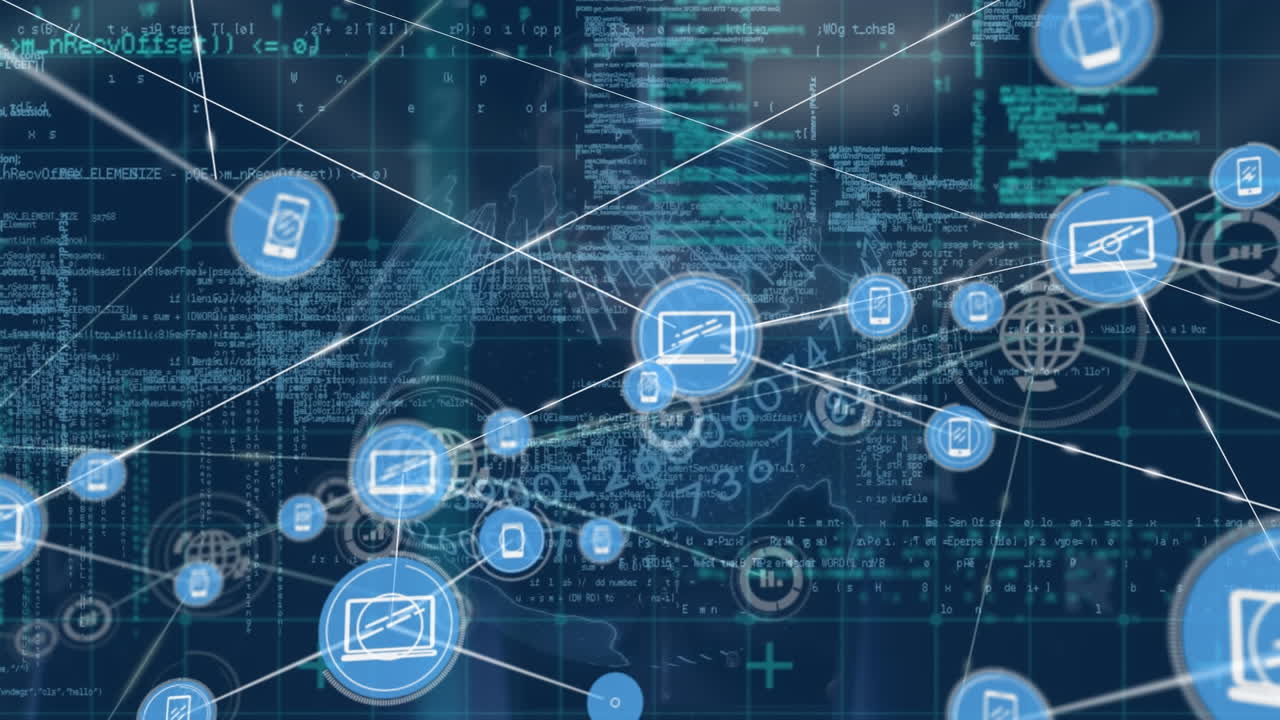 animación de la red de conexiones con iconos y procesamiento de datos