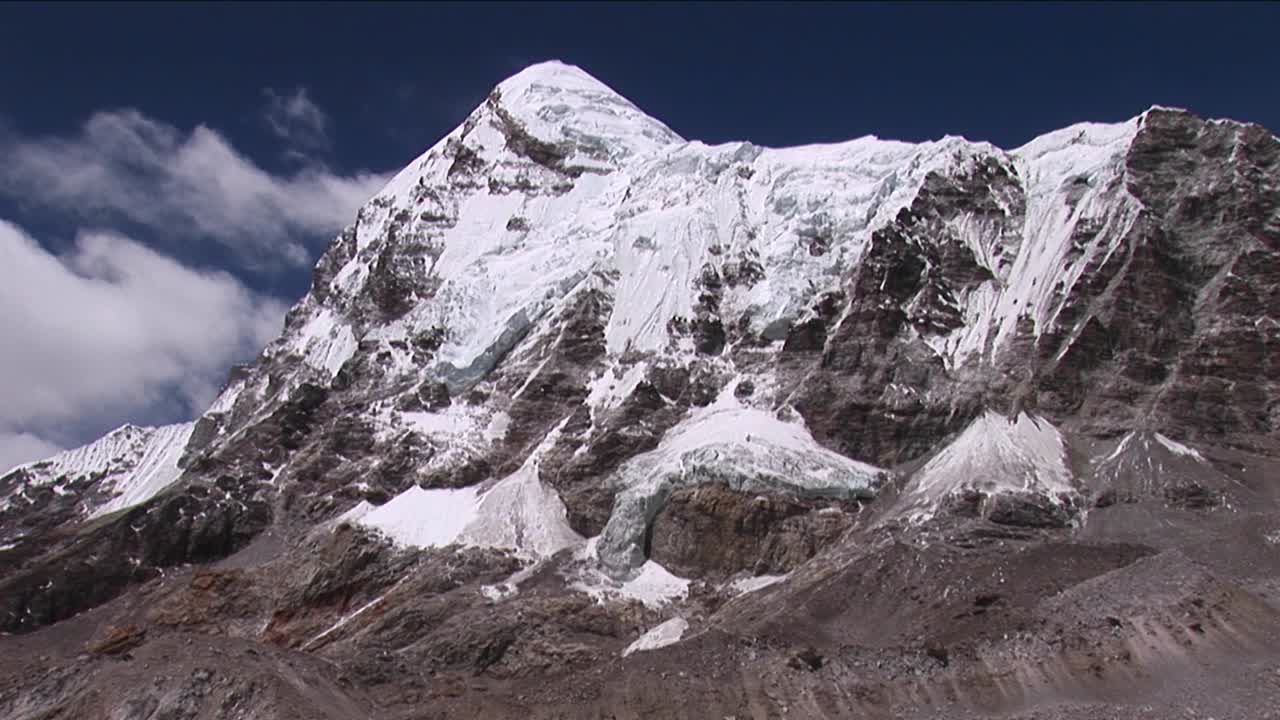 pumori se inclina hacia el campamento base, los pájaros pasan volando.