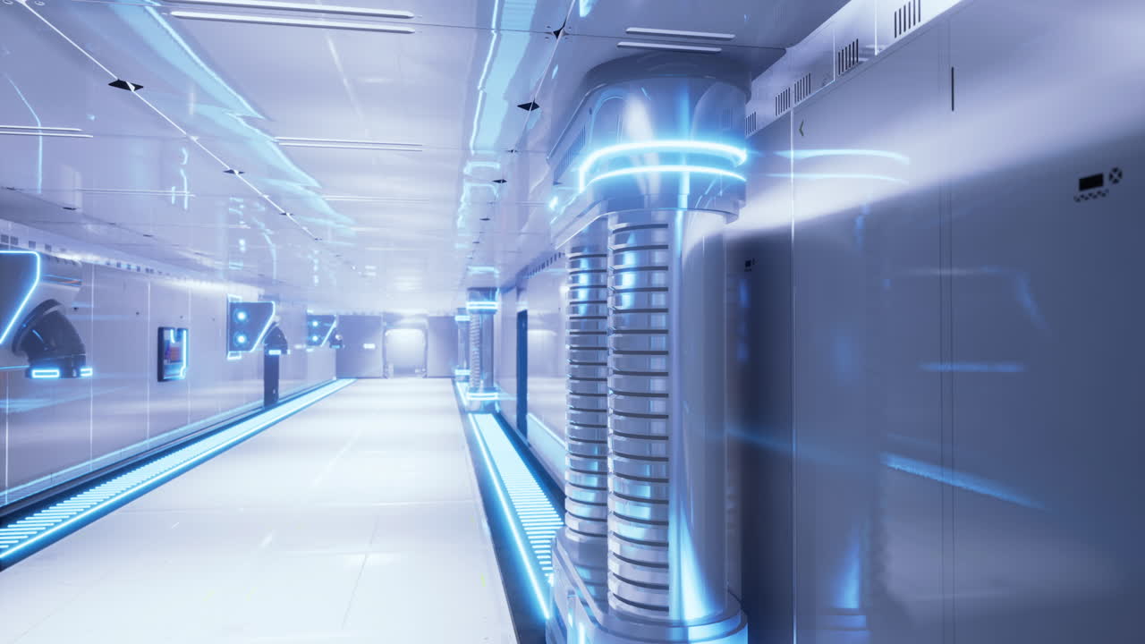 Futuristic hallway with glowing elements in a modern technology facility