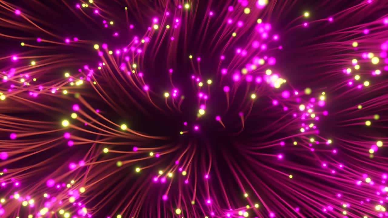 cables de fibra óptica con señales intermitentes. transmisión de datos digitales a través de cable de fibra ótica. vista superior de fibras ópticas de colores con bokeh. concepto tecnológico. bucle sin costuras 3d render