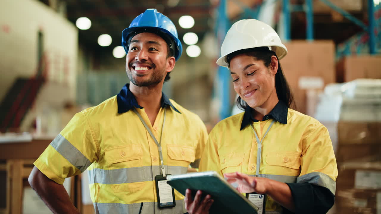 Two Warehouse Workers Discussing Logistics and Using a Digital Tablet