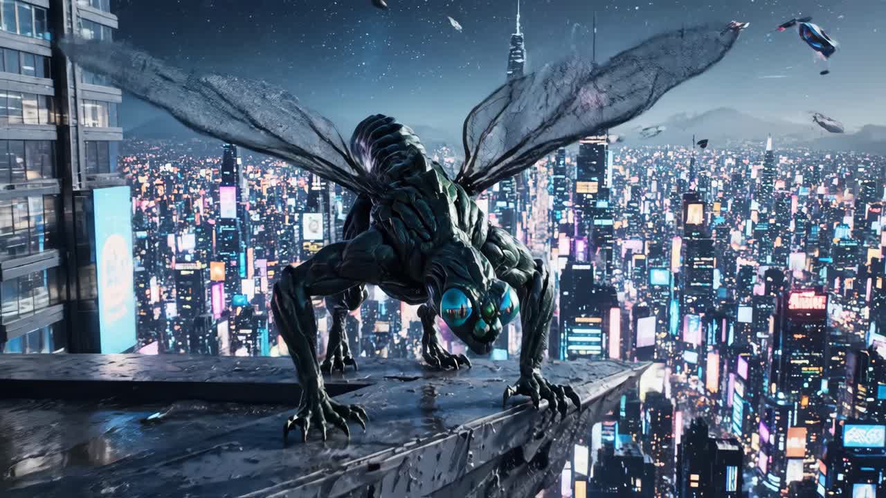 Mostro che si affaccia su un paesaggio urbano futuristico di notte