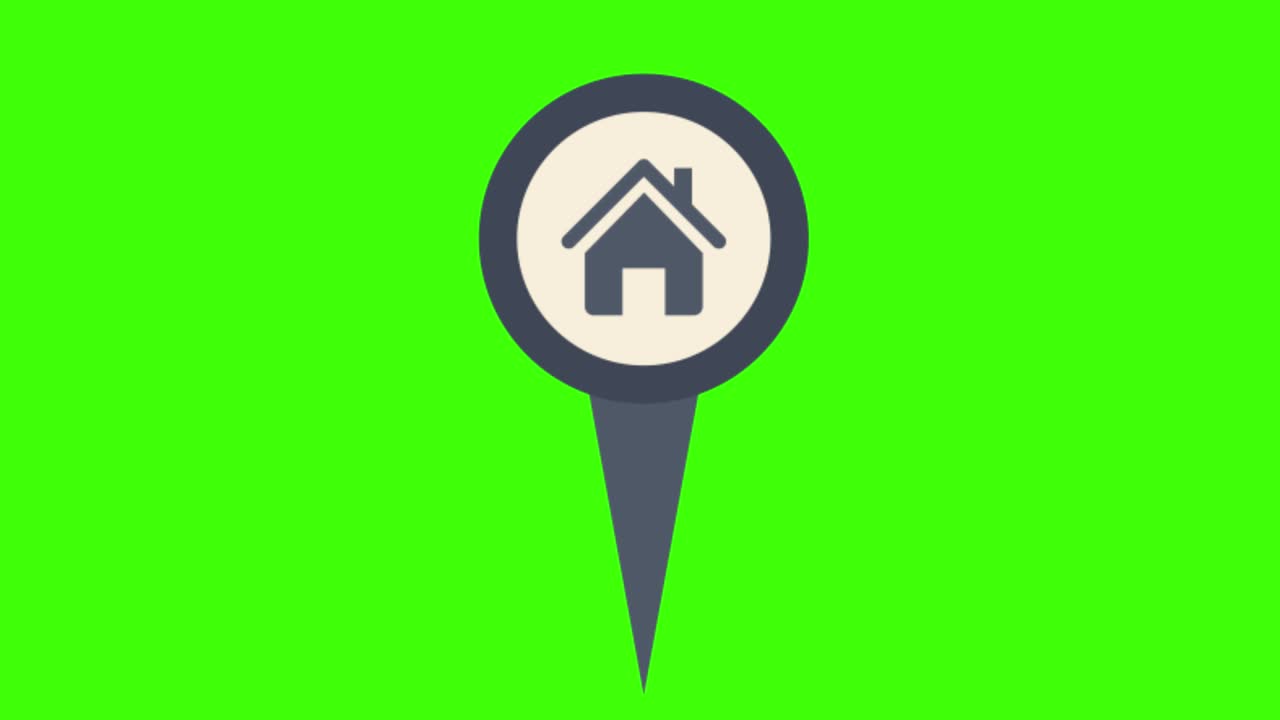 icono de ubicación gris de forma redonda animado con el símbolo de la casa en el interior apareciendo en una pantalla verde