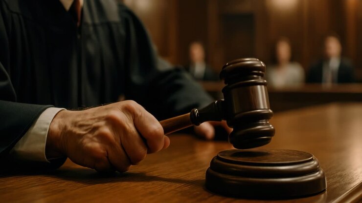A dramatic courtroom scene captured from a low angle, focusing on a judge's hand with a gavel
