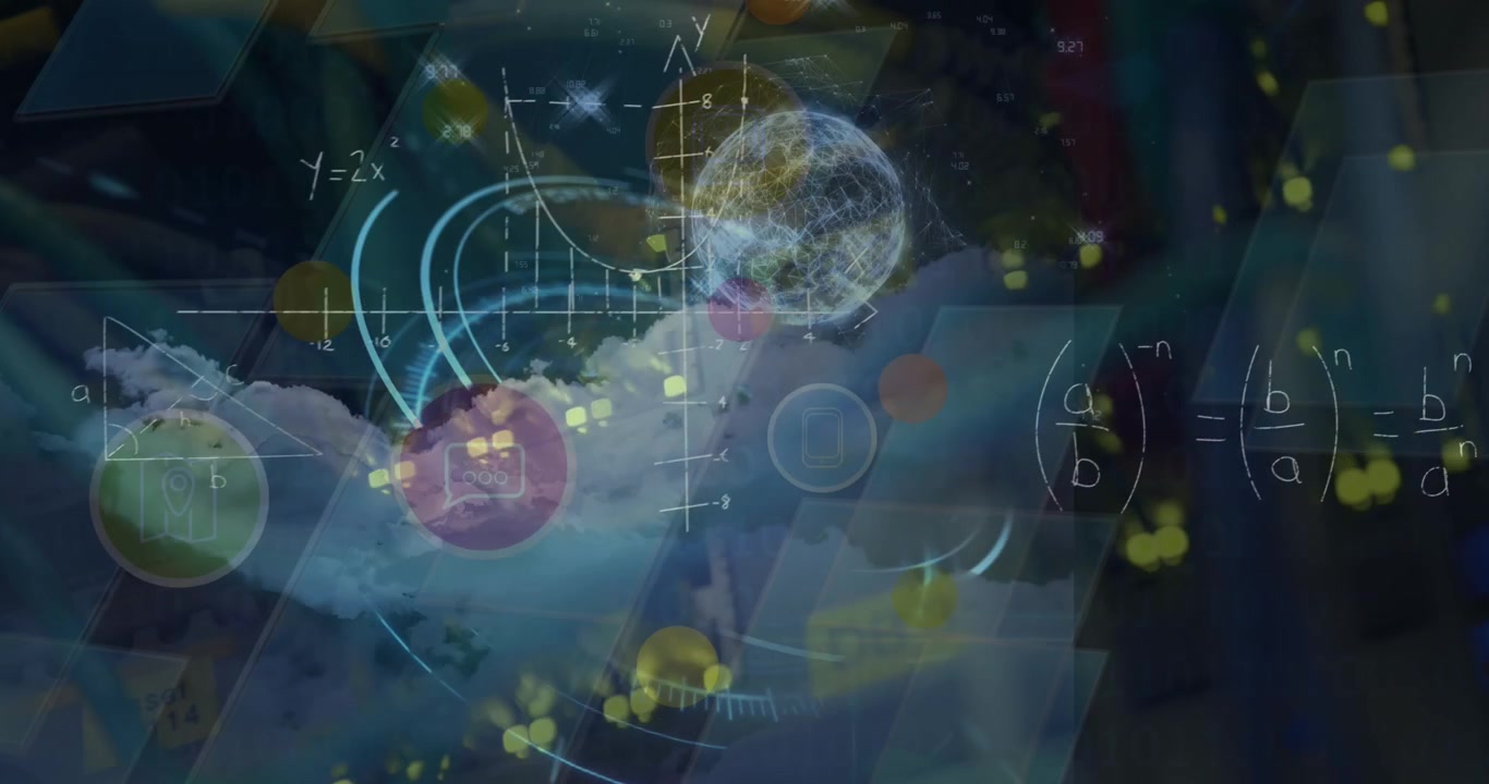 Mathematical equations and digital icons over clouds in the sky against close up of computer server