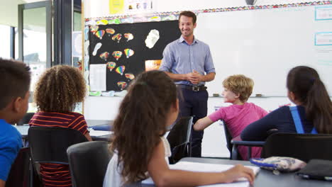 teacher taking lesson at front of elementary school class