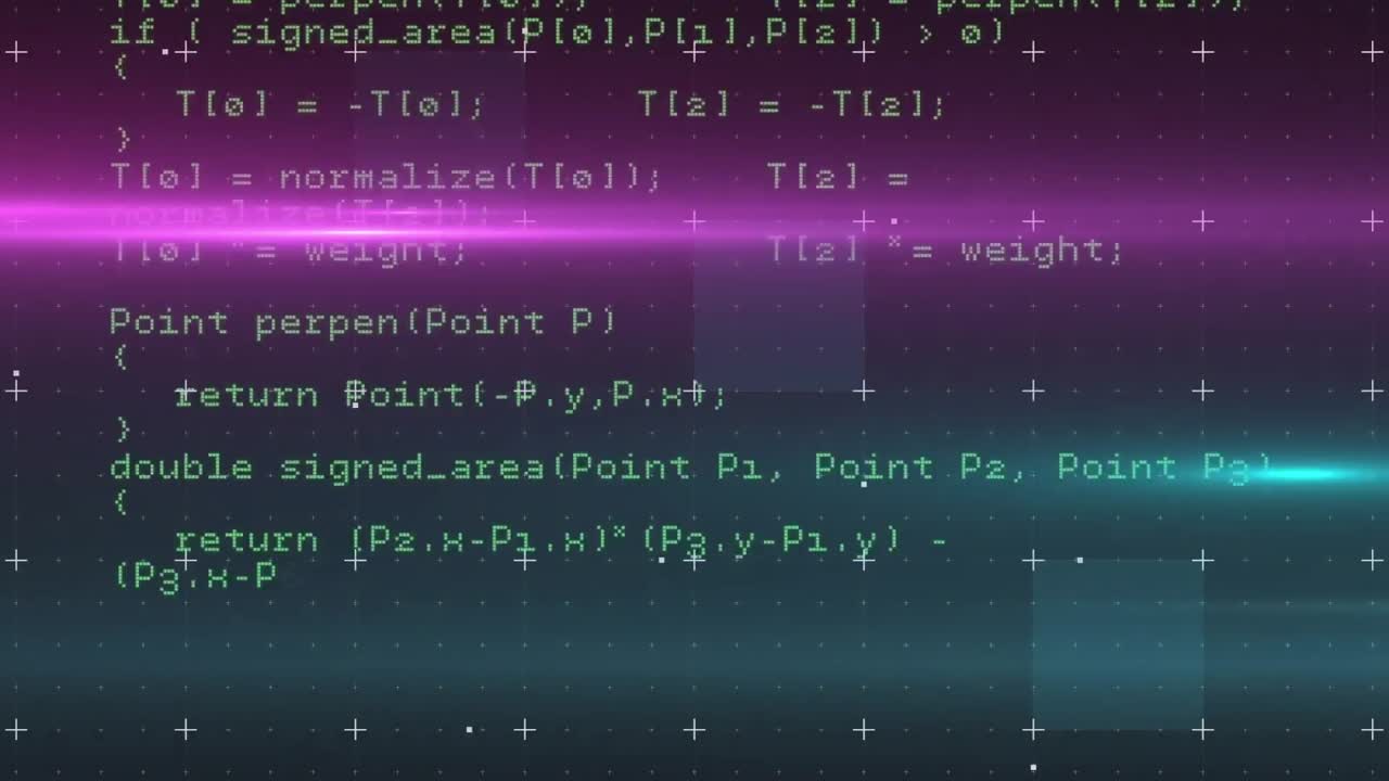 Animation of looping computer language and squares over multicolored lens flares