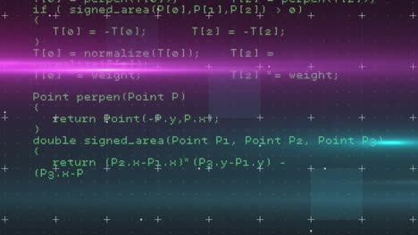 animation of looping computer language and squares over multicolored lens flares