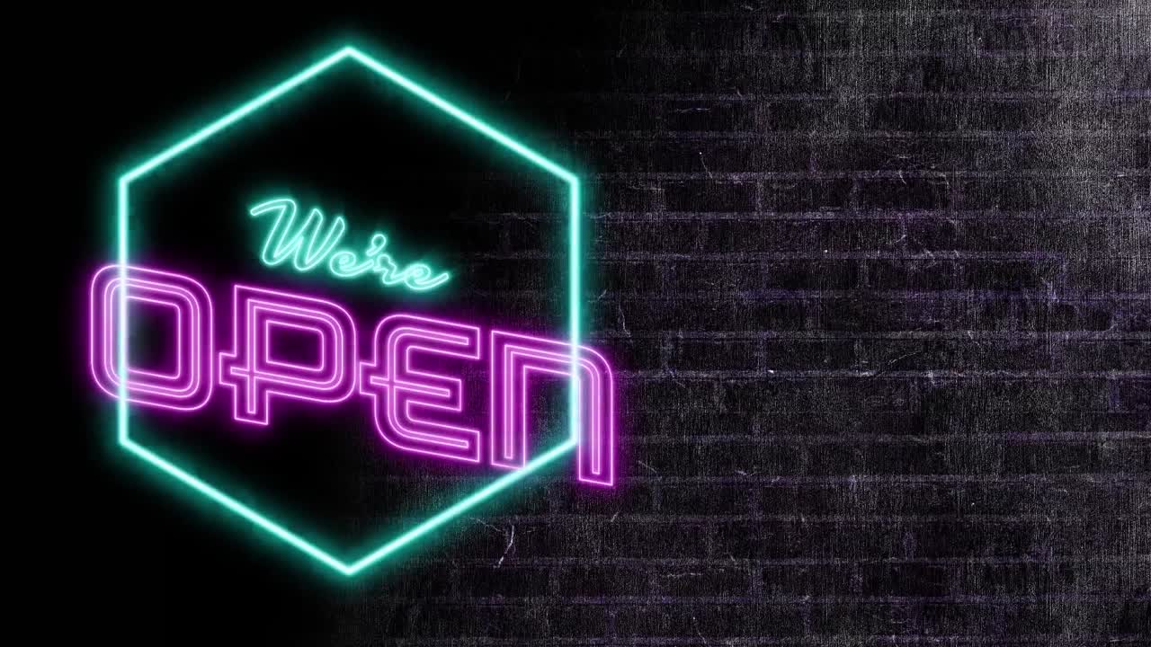 Animation of neon we are open text over black brick wall