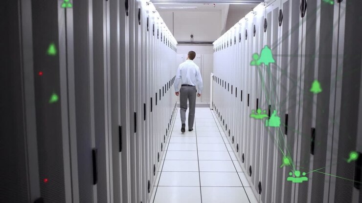 Animation of network of connections with icons and caucasian male it technician by computer servers