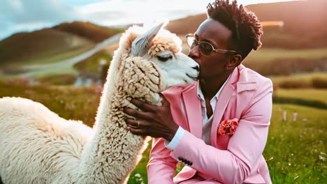 a man in a pink suit kissing a white alpaca