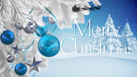 Christmas decorations with baubles and Merry Christmas text animation over snowy background