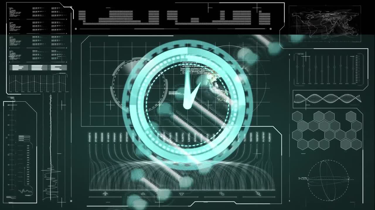 Animation of clock and dna strand spinning with data processing on screen