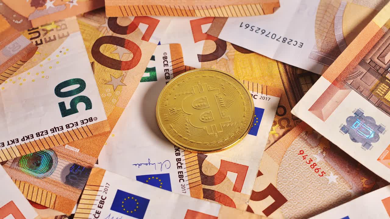 Bitcoin coins smoothly rotating on a platform, surrounded by 50 euro banknotes