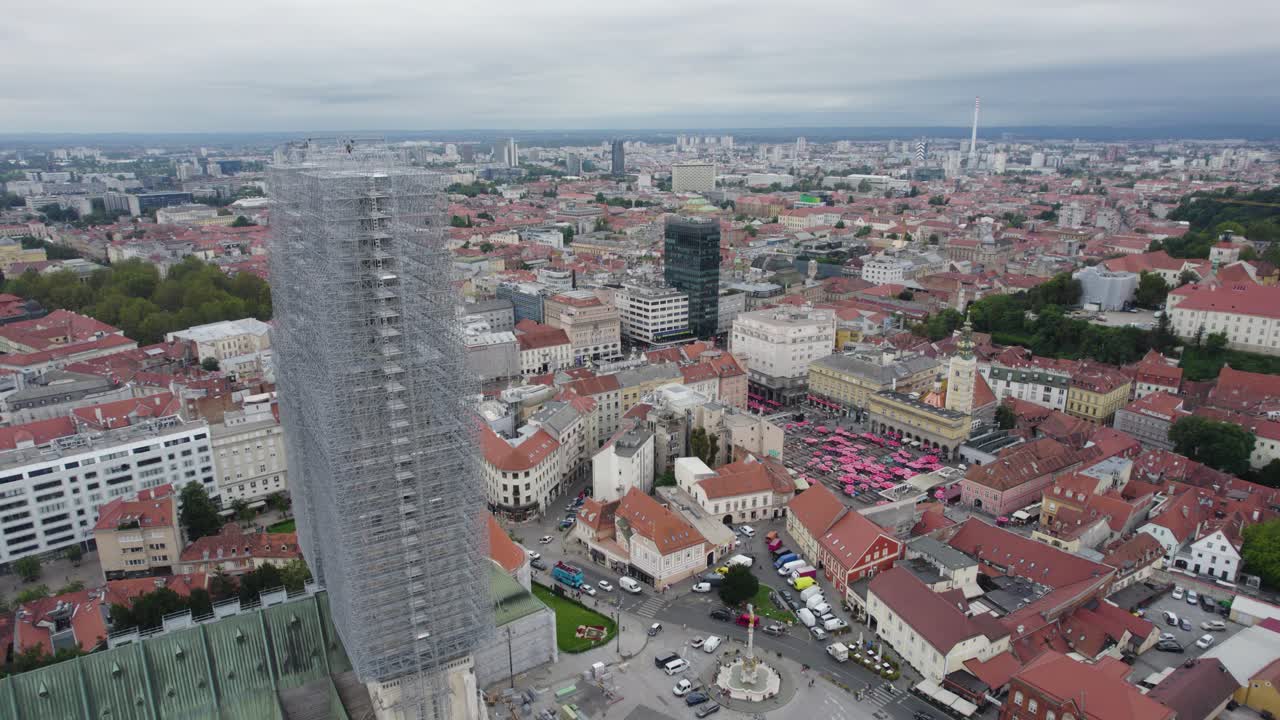 Aerial: Zagreb's Cathedral under restoration amidst urban landscape