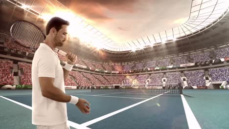 tennis player tossing a ball in the air while holding his racquet