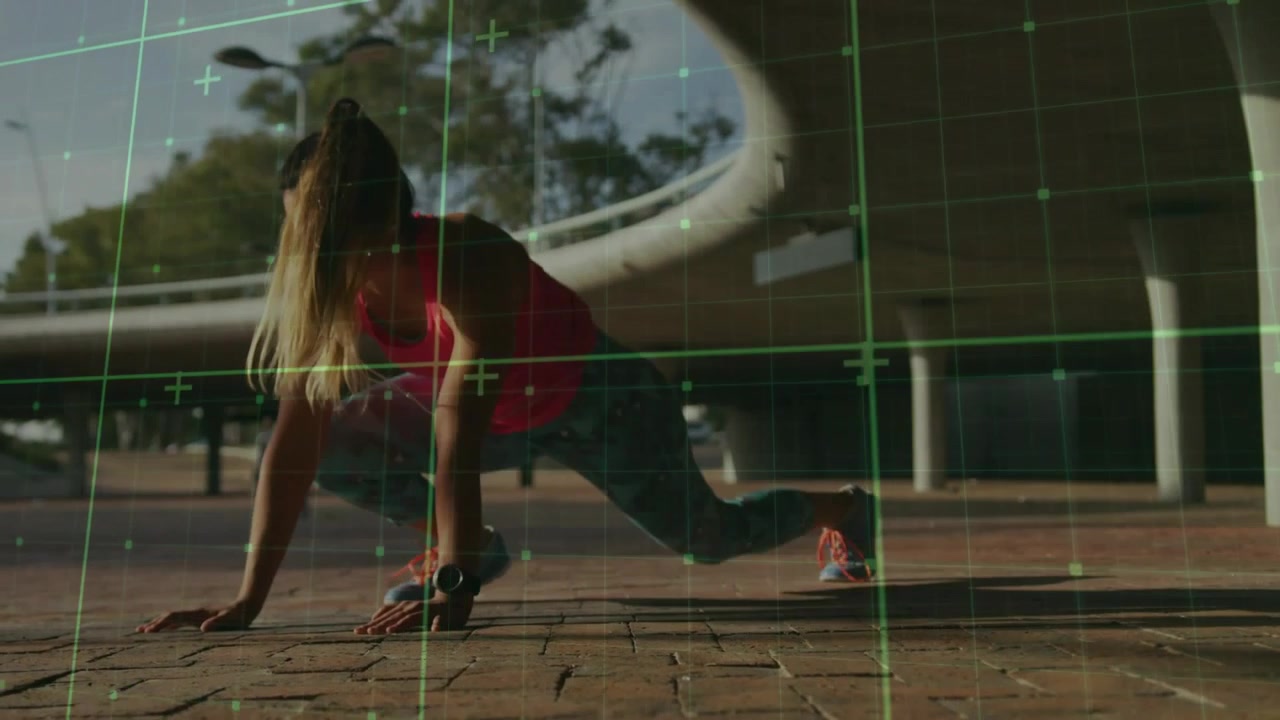 Vertical video: Starting woman in pink top driving knees on plaza under overhang for fitness watch
