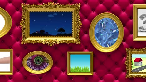 galería de imágenes animación 3d. marcos de imágenes de oro en lujo tapicería roja de fondo. varios videos está jugando en estos marcos. la cámara se mueve a lo largo de la pared, bucle sin costuras.