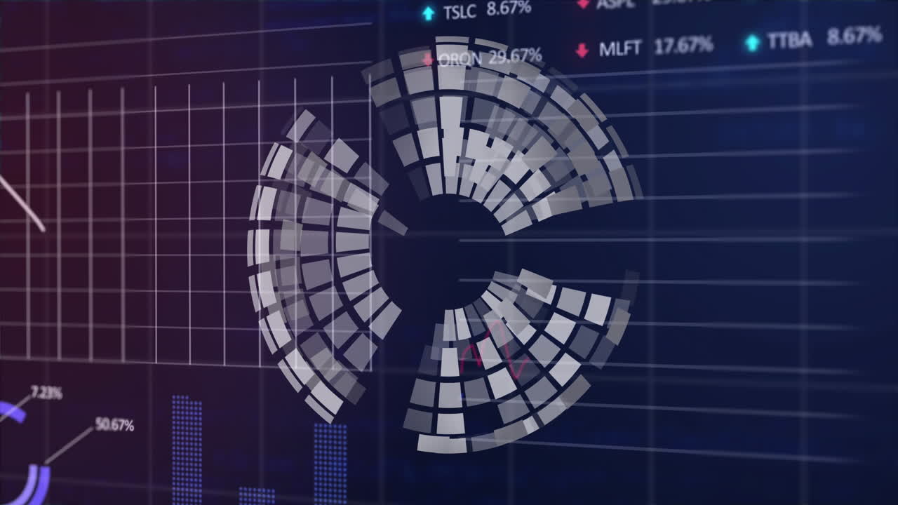 파란색 배경에 통계 및 주식 시장 데이터 처리를 중심으로 회전하는 3d 구의 애니메이션