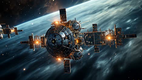 futuristic space station orbiting a distant planet in deep space