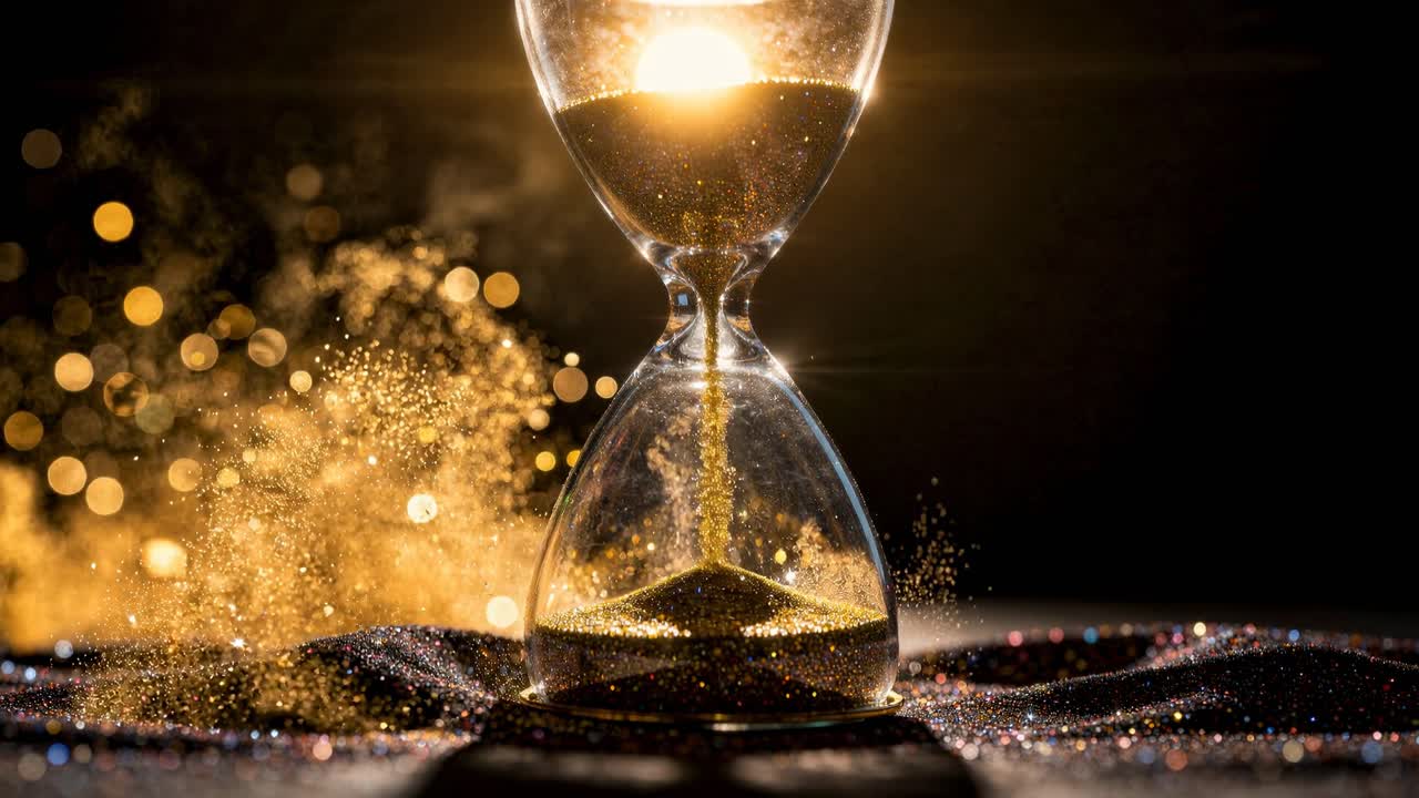Elegant hourglass with flowing golden sand, bright backlight, and glittering bokeh on a dark abstract background