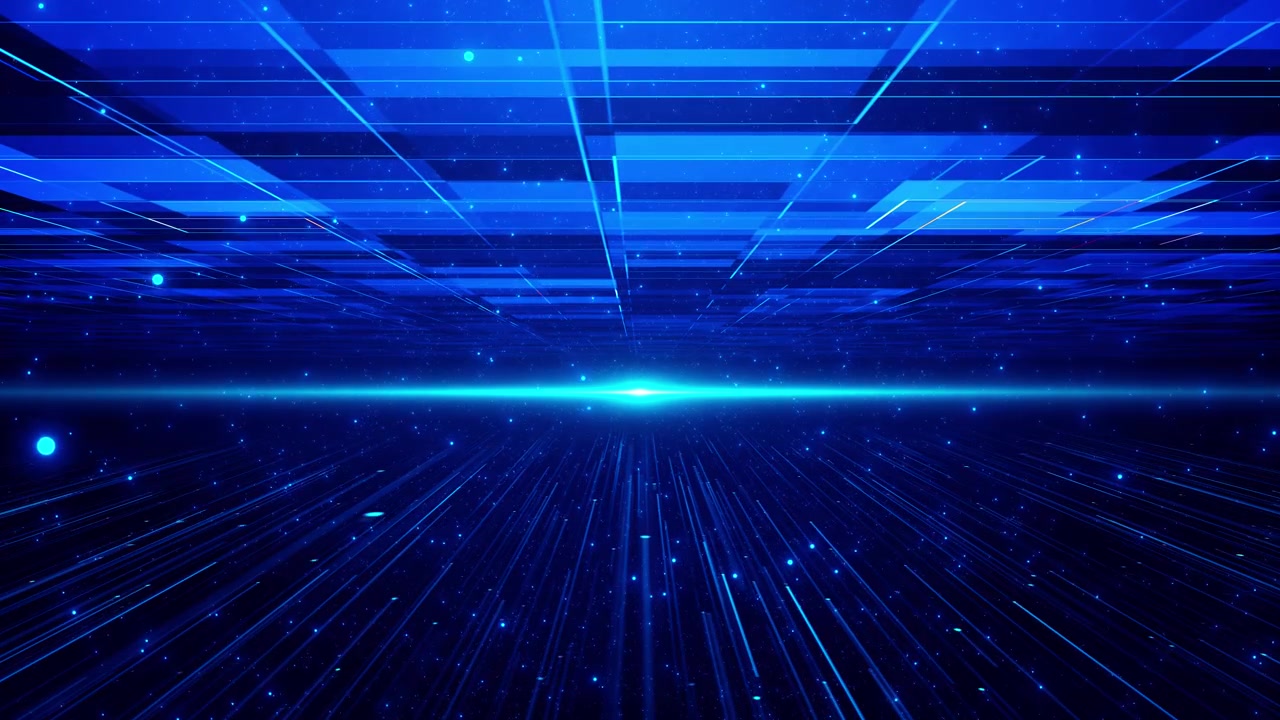 Digital blue speed horizon visual with radiant center glow linear grid floor overhead tech panels