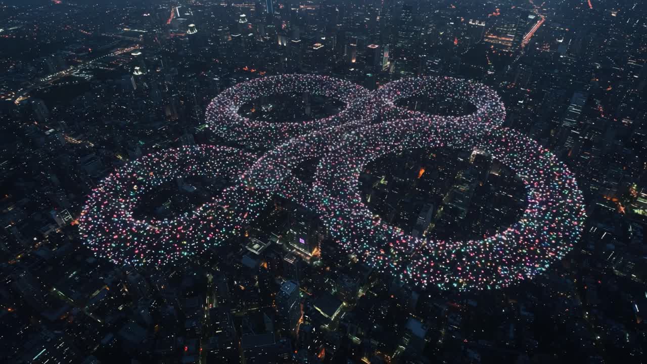 An Aerial View of a Dynamic Light Display Forming an Infinity Symbol in a Vibrant Cityscape, Capturing the Essence of Connectivity and Urban Energy
