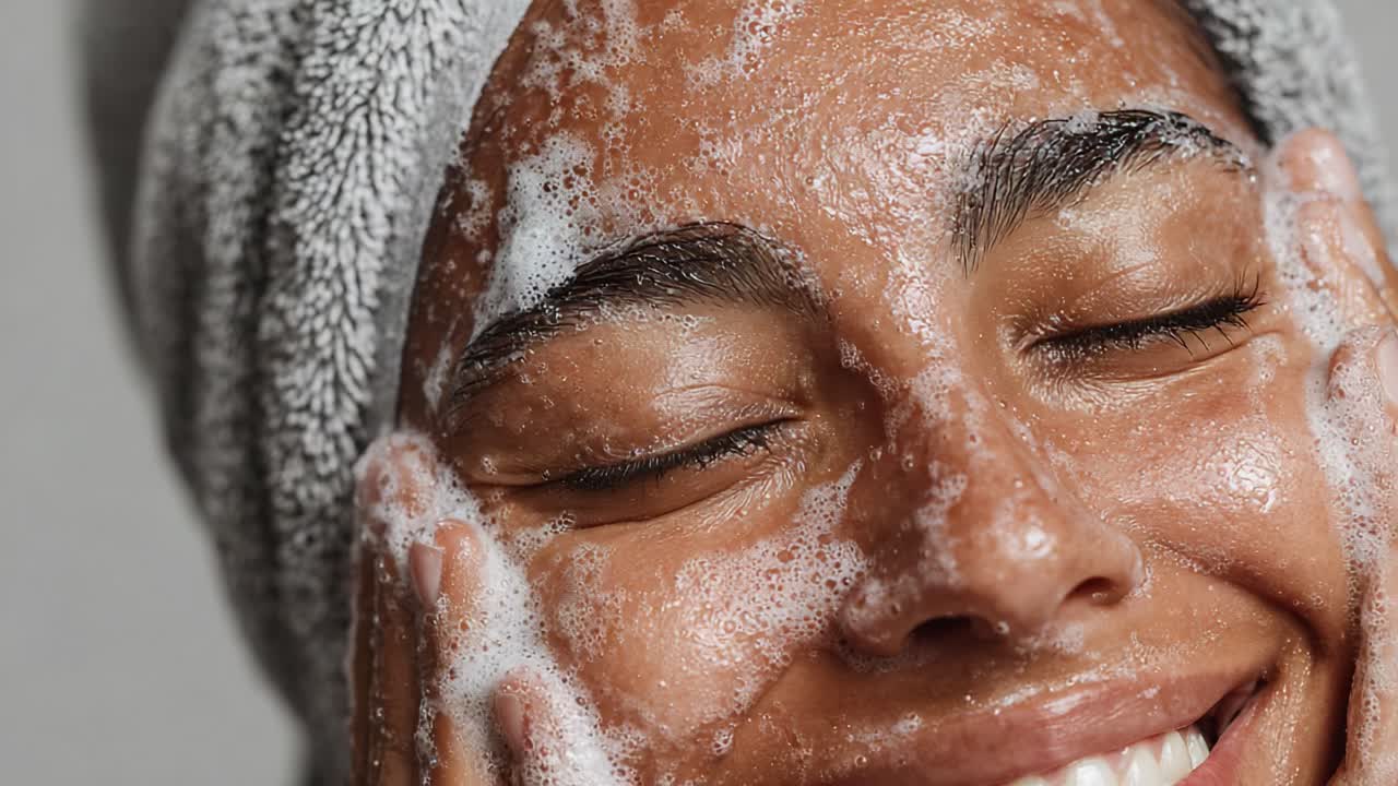 Joyful Skincare Routine: A Close-Up of a Woman Enjoying the Lathering Experience of a Gentle Cleanser on Her Radiant Face